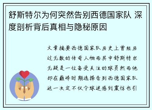 舒斯特尔为何突然告别西德国家队 深度剖析背后真相与隐秘原因 舒斯特尔为何突然告别西德国家队 深度剖析背后真相与隐秘原因