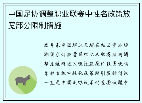 中国足协调整职业联赛中性名政策放宽部分限制措施